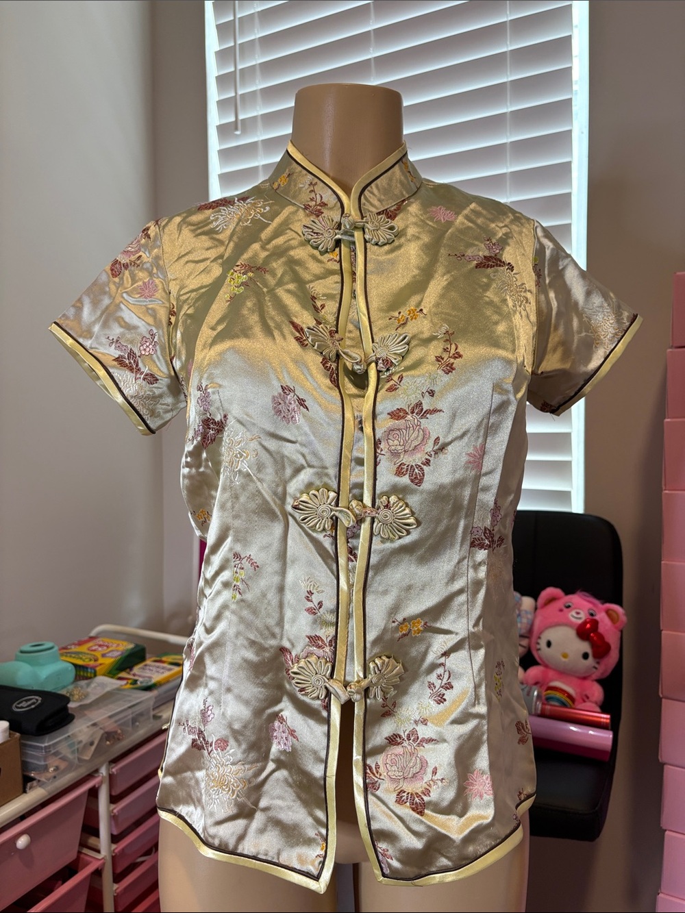 Silk-Blend Floral Mandarin Collar Top in Champagne